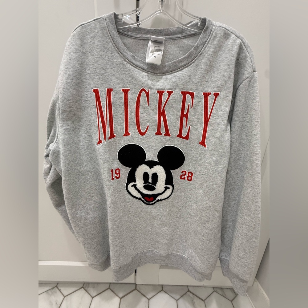 Disney Women L Fuzzy Embroidered Classic Mickey Mouse 1928 Gray Sweatshirt Top